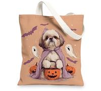 Sacs fourre-tout en toile motif chien mignon, adorable illustration d'animaux, sacs à provisions légers et réutilisables, motif d'Halloween amusant, lavable, S, pêche, 13x15 Inch