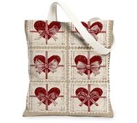 Sacs fourre-tout en toile motif cœurs de Saint-Valentin, sacs réutilisables, légers et lavables avec bandoulière pour voyage, plage, beige, 13x15 Inch