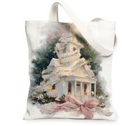 Sacs fourre-tout en toile motif église de Noël, sacs d'épicerie réutilisables, vintage d'hiver, légers et lavables, blanc, 13x15 Inch
