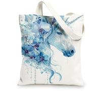 Sacs fourre-tout en toile motif floral cheval magique, sacs d'épicerie réutilisables, légers et lavables avec bandoulière B, bleu, 13x15 Inch