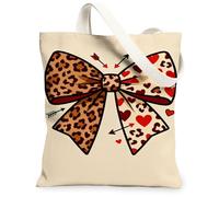 Sacs fourre-tout en toile motif léopard, sac d'épicerie réutilisable avec nœud chic, sac d'épicerie pour la Saint-Valentin, léger et lavable avec bandoulière, beige, 13x15 Inch