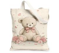 Sacs fourre-tout en toile motif ours floral et rose, sacs d'épicerie réutilisables, style vintage printanier, doux, lavable, beige, 13x15 Inch