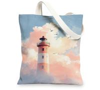 Sacs fourre-tout en toile motif phare, scène côtière artistique, sacs de courses réutilisables, modernes, minimalistes, légers, lavables, bleu, 13x15 Inch