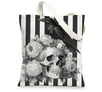 Sacs fourre-tout en toile motif tête de mort artistique, sacs d'épicerie réutilisables, légers et lavables avec bandoulière en toile Ba, noir, 13x15 Inch