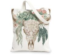 Sacs fourre-tout en toile motif tête de mort floral, sacs d'épicerie réutilisables, sacs d'épicerie réutilisables, bohème léger et lavable avec bandoulière Ca, blanc, 13x15 Inch