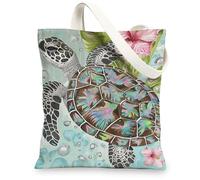 Sacs fourre-tout en toile motif tortue, motif océan marin, sacs d'épicerie réutilisables, légers et lavables avec bandoulière, Bleu, 13x15 Inch