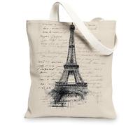 Sacs fourre-tout en toile motif Tour de Paris, style parisien artistique, vintage, réutilisables, légers, lavables et respectueux de l'environnement, beige, 13x15 Inch