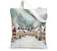 Sacs fourre-tout en toile motif village de Noël, motif scène d'hiver, sacs d'épicerie réutilisables, vintage, légers, lavables avec bandoulière en toile, blanc, 13x15 Inch