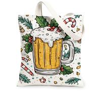 Sacs fourre-tout en toile pour tasse de bière de vacances, sacs réutilisables à motif de boisson festive, sacs d'hiver joyeux vintage lavables en toile avec bandoulière, blanc, 13x15 Inch