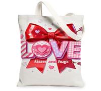 Sacs fourre-tout en toile réutilisables avec motif de nœud mignon pour la Saint-Valentin, légers et lavables avec bandoulière, blanc, 13x15 Inch