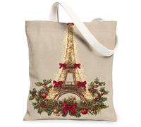 Sacs fourre-tout en toile réutilisables Motif Paris Tour de Paris de Noël, sacs d'épicerie vintage lavables en toile pour être, Beige, 13x15 Inch