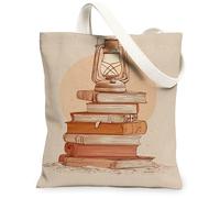 Sacs fourre-tout en toile rustiques vintage, pile de livres, motif lanterne, sacs d'épicerie, sacs d'épicerie réutilisables, légers et lavables avec bandoulière C, beige, 13x15 Inch