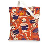 Sacs fourre-tout en toile squelette, motif crâne d'Halloween, sacs réutilisables, amusants, insolites, légers et lavables, Orange, 13x15 Inch
