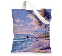 Sacs fourre-tout en toile tropicale, Scène de plage, sacs à provisions réutilisables, vintage légers et lavables avec bandoulière, violet, 13x15 Inch