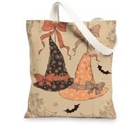 Sacs fourre-tout en toile vintage, motif chapeau de sorcière, sacs d'épicerie réutilisables, légers et lavables avec bandoulière, Orange, 13x15 Inch