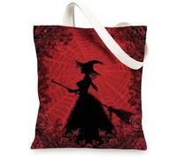 Sacs fourre-tout gothiques en toile, motif silhouette de sorcière, sacs d'épicerie réutilisables, vintage floral, léger et lavable avec bandoulière, Rouge, 13x15 Inch