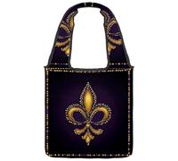 Sacs fourre-tout réutilisables en toile multi-usages pour les courses, le travail, les voyages - Cadre à pois Mardi Gras Fleur de lys dorée, Multicolore 04, 14.1x14.9in/36x38cm