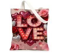 Sacs fourre-tout réutilisables en toile pour la Saint-Valentin, motif cœur, vintage, léger, lavable avec bandoulière, pêche, 13x15 Inch