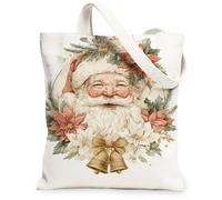 Sacs fourre-tout vintage en toile motif Père Noël, légers et lavables pour les vacances, le shopping, bandoulière respectueuse de l'environnement, Blanc, 13x15 Inch
