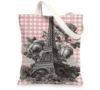 Sacs fourre-tout vintage en toile motif tour de Paris élégant, sacs d'épicerie réutilisables, légers et lavables avec bandoulière, pêche, 13x15 Inch