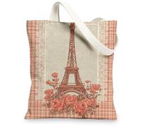 Sacs fourre-tout vintage en toile, motif tour de paris, sacs d'épicerie réutilisables, légers et lavables avec bandoulière, pêche, 13x15 Inch
