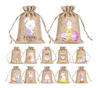Sacs pour la chasse aux œufs | Lot de 12 pièces en lin avec cordon - Sacs assortis pour friandises de Pâques | Pour garçons, filles, adultes, bonbons, collations, fêtes d'anniversaire