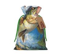 Sacs réutilisables avec cordon de serrage imprimé vague de pêche au bar pour emballage cadeau de Noël, ruban de Noël vert, taille M