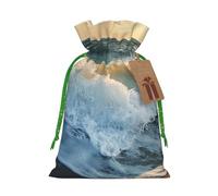 Sacs réutilisables avec cordon de serrage imprimés de belles vagues pour emballage cadeau de Noël, ruban de Noël vert, taille M