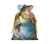 Sacs réutilisables avec cordon de serrage imprimés vagues de pêche au bar pour fête de Noël, ruban jaune, taille S