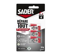 Sader Colle de Réparation Répare Tout Liquide - Colle Extra Forte - Prise Instantanée en 5 secondes - Efficace sur Tous Matériaux - Sans Odeur et Sans Solvants - Transparent - 3 Tubes de 1 g
