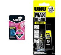 Sader Colle Spéciale Couture "Finis les Ourlets" - Colle Tissus et Textiles : Jeans & UHU Max Repair Extrême - Colle extra forte tout support, flexible, transparente, idéale pour le bois, le plastique