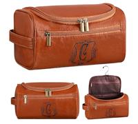 Sadnyy Trousse de toilette en cuir pour homme - Trousse de voyage avec initiale personnalisée avec crochet - Trousse de toilette de voyage en cuir avec poignée latérale pour lui, papa, mari, cadeau