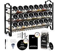 SAEIV Étagère à épices sur pied avec boîtes à épices, étagère murale en métal à 3 couches avec 24 pots à épices de 120 ml, pots à épices avec saupoudrer, étiquettes, entonnoir, accessoires de montage