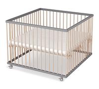 Sämann Parc bébé 100 x 100 cm avec matelas | Certifié TÜV 2023 | Hauteur réglable en continu | Parc bébé en bois | Grille d'éveil gris/naturel