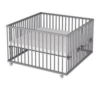 Sämann Parc bébé 120 x 120 cm avec matelas | Certifié TÜV 2023 | Hauteur réglable en continu | Parc bébé en bois | Grille d'éveil gris