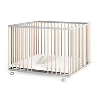 Sämann Parc pour bébé - 100 x 100 cm - Avec matelas - Certifié TÜV 2020 - Hauteur réglable en continu - Bois de hêtre - Gris/naturel - Avec barreaux à billes