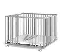 Sämann® Parc pour bébé - 100 x 100 cm - Avec matelas et barreaux escamotables - Hauteur réglable en continu - Parc pour bébé - En hêtre - Roulettes caoutchoutées - Gris laqué