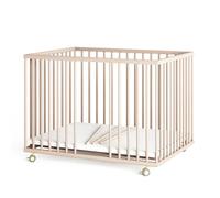 Sämann® Parc pour bébé 75 x 100 cm avec matelas et barreaux escamotables, hauteur réglable en continu, bois de hêtre naturel, roues en hêtre naturel