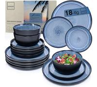 SÄNGER Aruba Value Collection Service de table 18 pièces pour 6 personnes avec 6 assiettes plates, 6 bols à céréales, 6 assiettes à dessert, bleu, bord noir