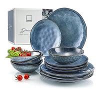 SÄNGER Darwin Service de table, 12 pièces, en faïence, pour 4 personnes, bleu avec assiettes plates, assiettes à dessert et assiettes creuses, vaisselle en faïence, set de vaisselle fait main |