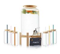 Sänger | Ensemble de punch avec pailles et verres en verre, récipient à punch avec couvercle en bois, distributeur de boisson avec robinet et 6 verres, distributeur de boissons pour vin chaud et punch