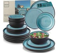SÄNGER Granada - VALUE Collection - Vaisselle en faïence - 18 pièces - Assiettes pour 6 personnes - 6 assiettes plates - 6 bols à céréales - 6 assiettes à dessert - Service de table bleu avec bord