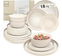SÄNGER Key West - Value Collection - Vaisselle en faïence - 18 pièces - Assiettes pour 6 personnes - 6 assiettes plates, 6 bols à céréales, 6 assiettes à dessert - Service de table crème avec grain de