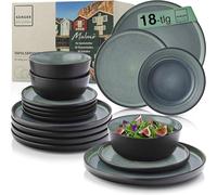 SÄNGER Malmö - VALUE Collection - Vaisselle en faïence - 18 pièces - Pour 6 personnes - 6 assiettes plates, 6 bols à céréales - 6 assiettes à dessert - Service de table vert foncé anti-rayures