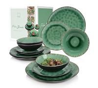 Sänger Palm Beach Service de table en porcelaine 12 pièces - Capacité des bols 550 ml - Service de table avec effet laque à riz composé d'assiettes plates, d'assiettes à dessert et de bols aspect vintage