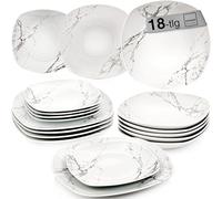 SÄNGER | Service de table Bilgola marbré blanc, set de vaisselle 18 pièces pour 6 personnes avec assiettes à soupe, à dessert et dîner en porcelaine, set d'assiettes, vaisselle carrée, collection
