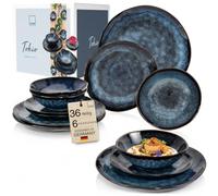 Sänger Service de table Tokyo 36 pièces, set de vaisselle pour 12 personnes, en faïence, moderne, fait à la main, bleu foncé avec des accents noirs, collection Premium
