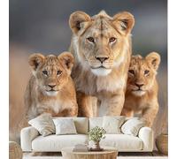 Safari Famille Lion Papier Peint 3D Effet Afrique Animal Papier Adhesif 350x256 cm pour Salon Chambre Adhesif Mural Decoratif