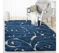 Safavieh Florida Shag SG455 Tapis d'intérieur rectangulaire tissé à Poils Longs pour Salon, Chambre à Coucher ou Tout Espace intérieur Bleu foncé/crème 160 x 229 cm