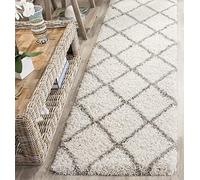 Safavieh Hudson Shag Collection Tapis de Couloir - 0,6 x 2,4 m, Ivoire et Gris, Design Moderne de Treillis, ne perd Pas Ses Poils et Facile d'entretien, 5,1 cm d'épaisseur, idéal pour Les Zones à